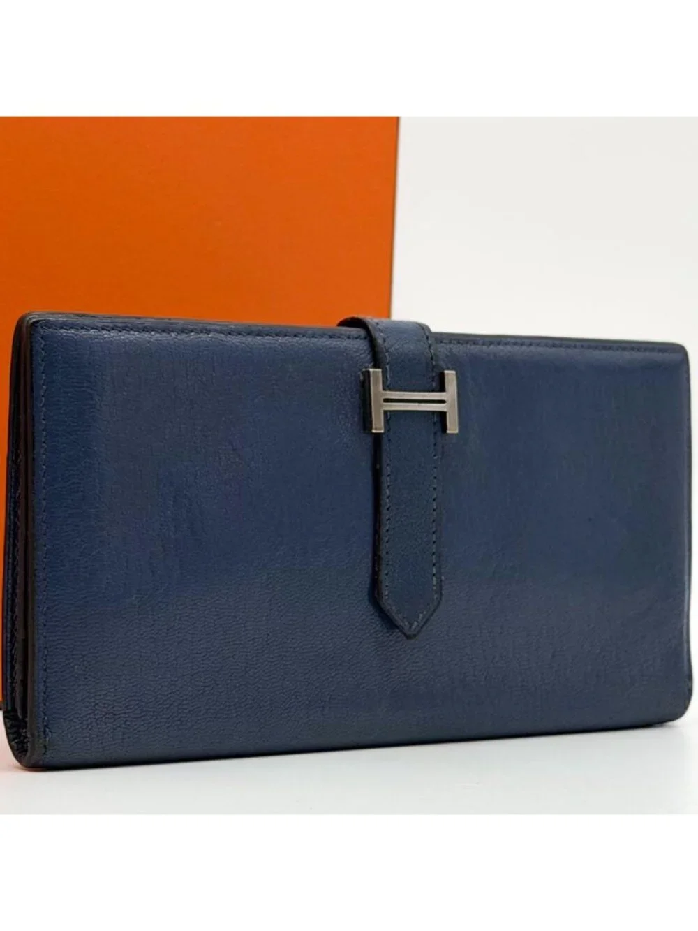 Hermes Bearn Soufflet Chevre Navy Wallet Silver Bifold